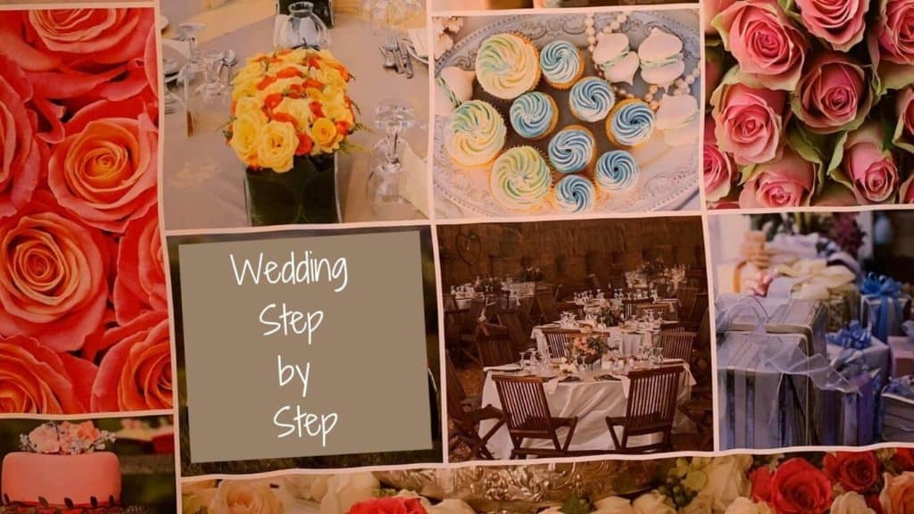 Collage of wedding images: Flowers, tables, gifts, and desserts